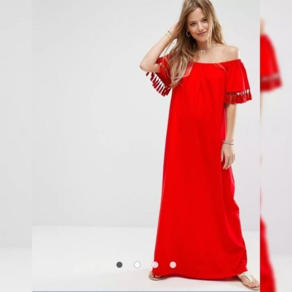 ASOS Off Shoulder Maxi Sundress Tassel Detail Red Size 2 Spanish Latin Style